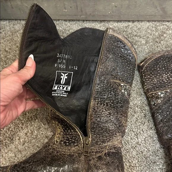 Frye Studded Star Distressed Leather Western Cowboy Boots Brown Size 5 - Picture 5 of 10